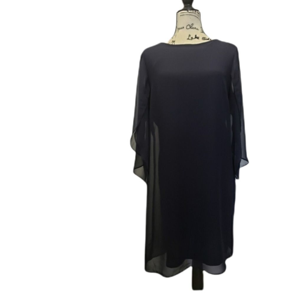 Navy Tunic Style Dress With Sheer Sleeves